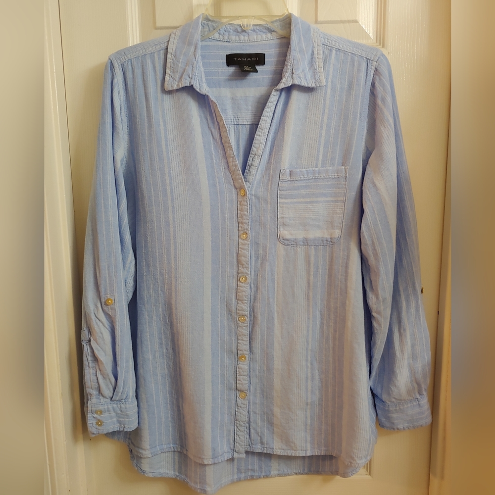 Tahari Linen Blend Long Sleeve V-neck Button Down Flannel Shirt, Size L